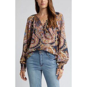 SANCTUARY Paisley Metallic Fil Coupé Button Front Balloon Sleeve Blouse, Size XL
